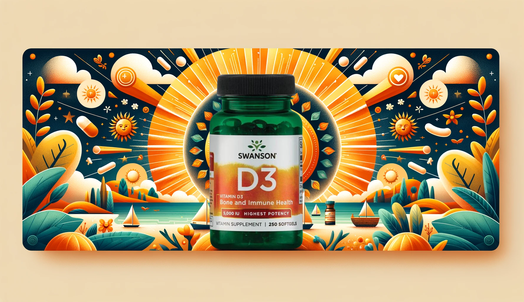 Header image for Swanson Vitamin D-3 5000 IU blog post, featuring a bottle of the supplement surrounded by symbols of the sun, healthy bones, and a strong immune system, set against a sunny and vibrant background, emphasizing health and natural wellness.