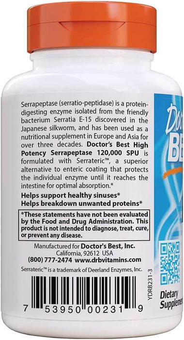 Doctor's Best Serrapeptase, 120 000 SPU High Potency - 90 vcaps - Health and Wellbeing at MySupplementShop by Doctor's Best