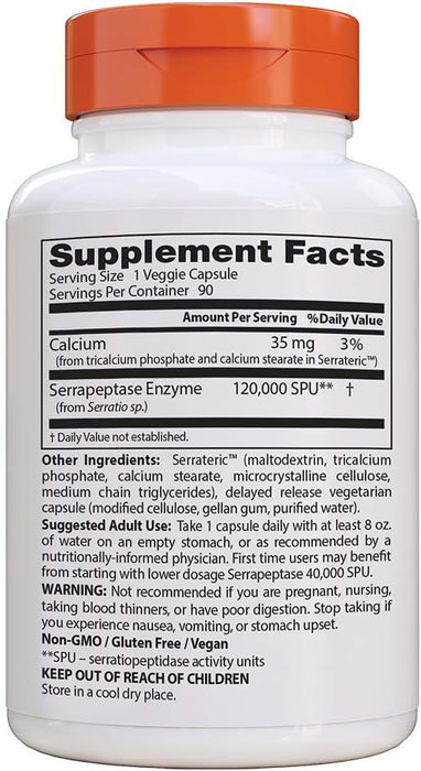 Doctor's Best Serrapeptase, 120 000 SPU High Potency - 90 vcaps - Health and Wellbeing at MySupplementShop by Doctor's Best