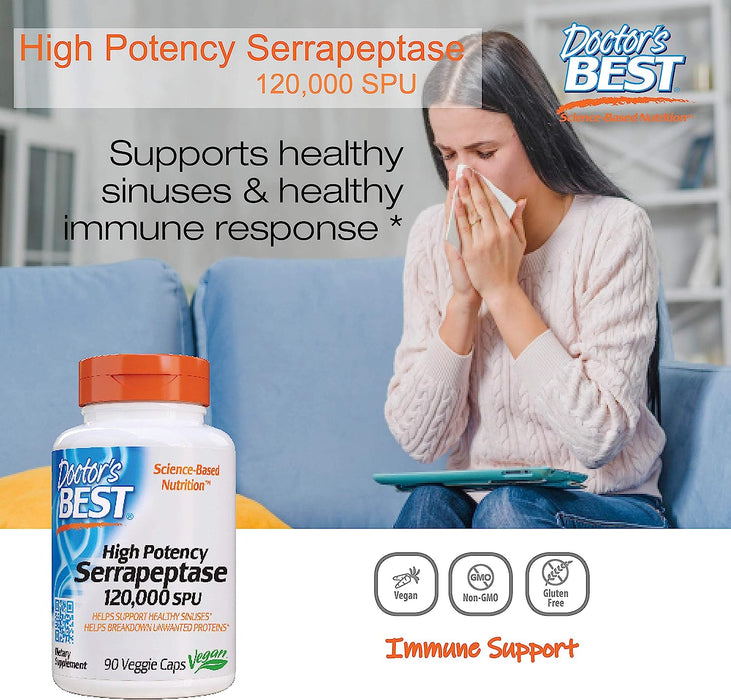 Doctor's Best Serrapeptase, 120 000 SPU High Potency - 90 vcaps - Health and Wellbeing at MySupplementShop by Doctor's Best