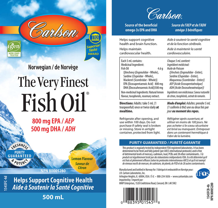 Carlson Labs The Very Finest Fish Oil, Natural Lemon - 500 ml. - Fish Oils at MySupplementShop by Carlson Labs