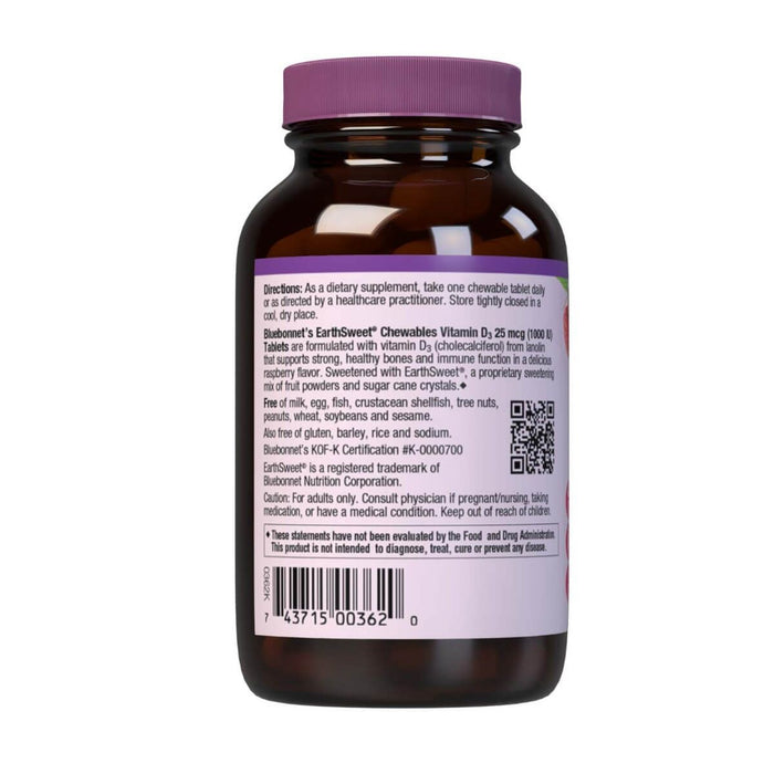 Bluebonnet Earthsweet Chewables Vitamin D3 1,000iu 90 Raspberry Tablets - Immune Support at MySupplementShop by Bluebonnet Nutrition