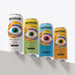 Four Neutonic energy drink cans with colorful eye designs on a white background