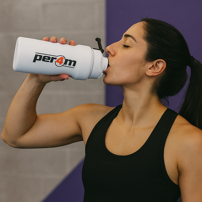 Fit woman drinking from white Per4m water bottle in the gym with a bold purple and grey MSS-themed background