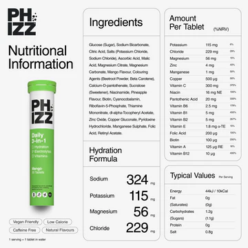 Phizz Mango 3-in-1-Brausetabletten mit Feuchtigkeit, Elektrolyten und Vitaminen, 12 x 20 Tabletten, Mango