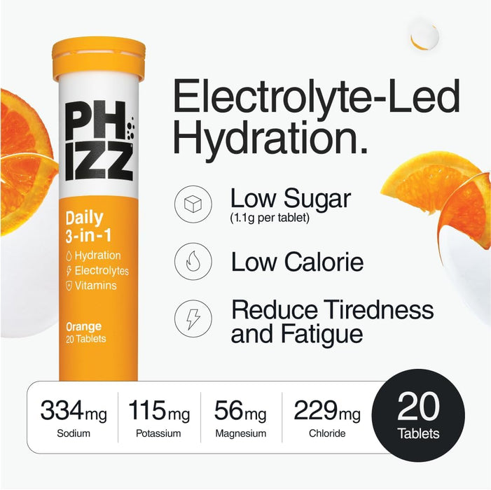 Phizz Mango 3-in-1-Brausetabletten mit Feuchtigkeit, Elektrolyten und Vitaminen, 12 x 20 Tabletten, Mango