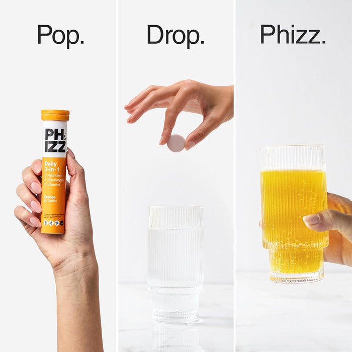 Phizz Mango 3-in-1-Brausetabletten mit Feuchtigkeit, Elektrolyten und Vitaminen, 12 x 20 Tabletten, Mango