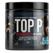 Pre-workout supplement container with branding and text on a white background