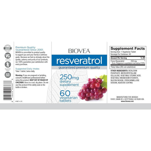 Biovea Resveratrol 250mg 60 Vegetarian Tablets - Skin Care at MySupplementShop by Biovea