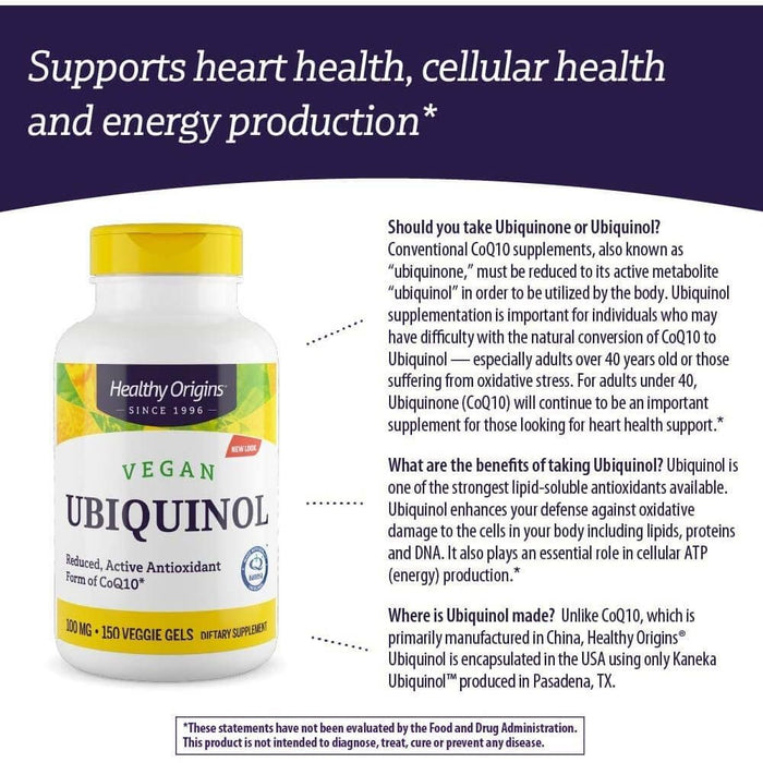 Healthy Origins Vegan Ubiquinol 100mg 150 Softgels - Cellular Health at MySupplementShop by Healthy Origins