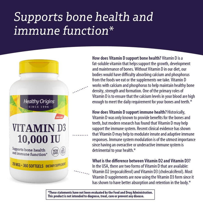 Healthy Origins Vitamin D3 10,000iu 120 Softgels - Immune Support at MySupplementShop by Healthy Origins