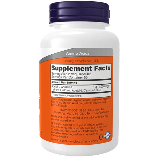 NOW Foods Acetyl-L Carnitine 500 mg 100 Veg Capsules - Amino Acids and BCAAs at MySupplementShop by NOW Foods