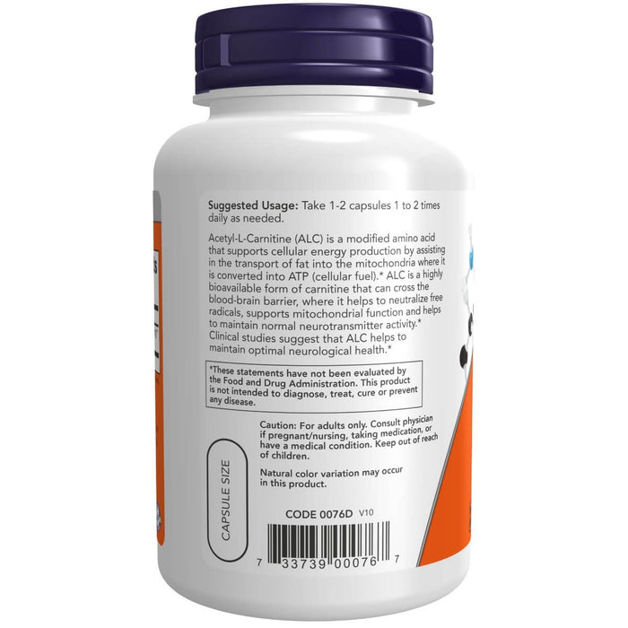 NOW Foods Acetyl-L Carnitine 500 mg 100 Veg Capsules - Amino Acids and BCAAs at MySupplementShop by NOW Foods