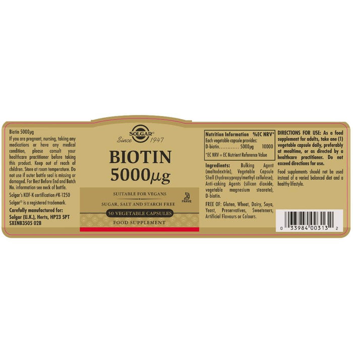 Solgar Biotin 5000 µg Vegetable Capsules Pack of 50 - Energy & Vitality at MySupplementShop by Solgar