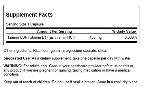 Swanson Vitamin B1 100 Mg 250 Capsules - Vitamins & Minerals at MySupplementShop by Swanson