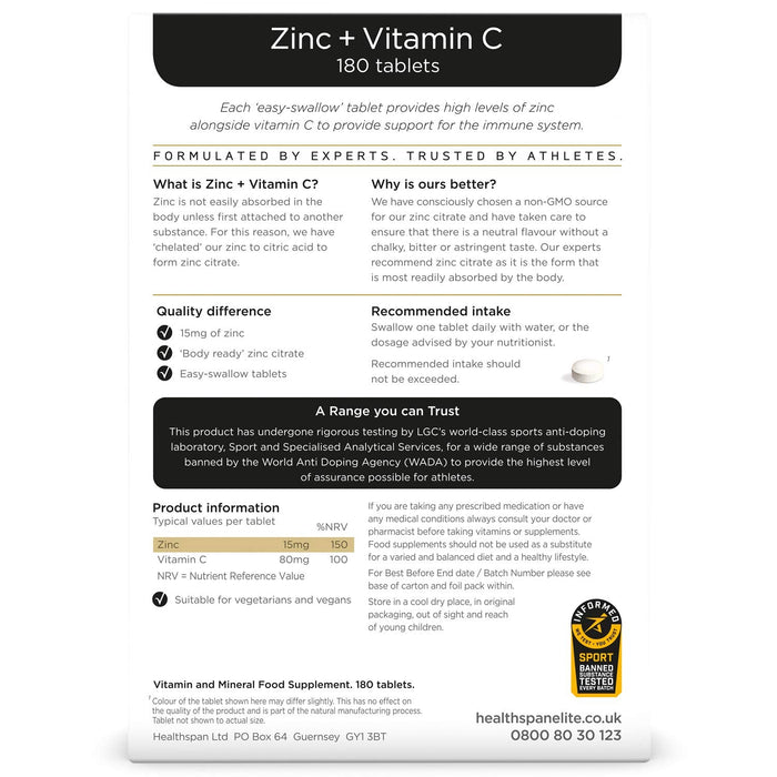 Healthspan Elite Zinc + Vitamin C - 180 tabs - Zinc at MySupplementShop by Healthspan