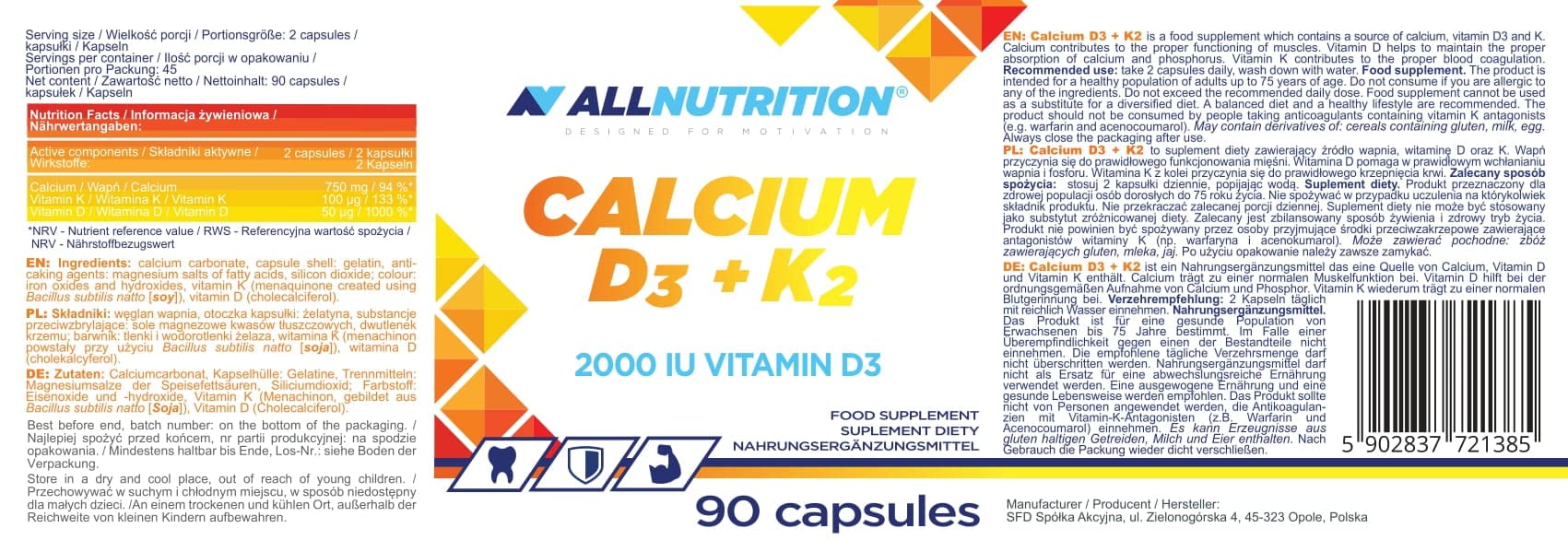 Allnutrition Calcium D3 + K2 - 90 caps - Vitamins & Minerals at MySupplementShop by Allnutrition